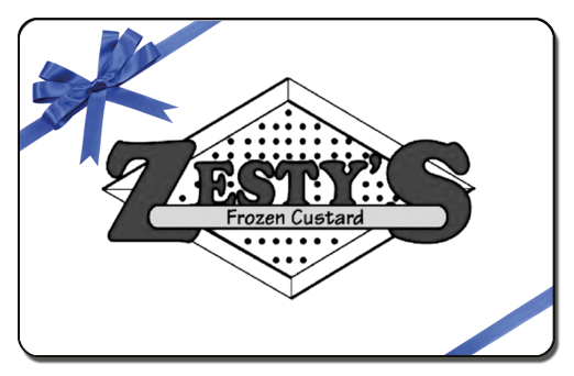 zesty's diamond logo on a white background with blue ribbon bow